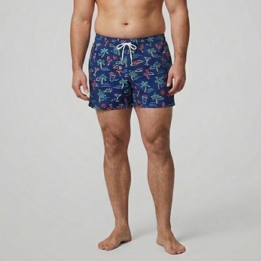 Chubbies Mens Navy Blue Neon Flamingo Palm Tree Print Swim Trunks Mesh Liner 3XL